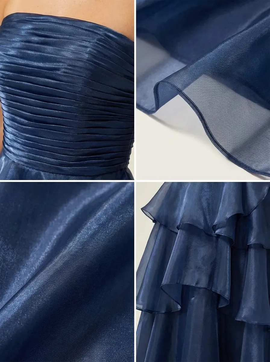 Dark Navy Satin A-Line Prom Dress | Strapless Tiered Long Gown