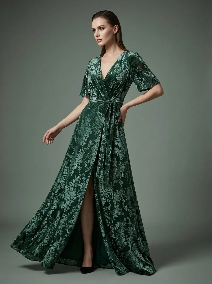 Dark Green Burnout Velvet Dress | Floor Length Formal Evening Gown
