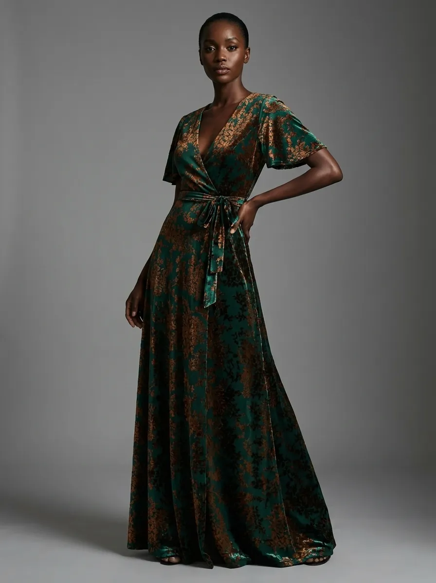 Dark Green Burnout Velvet Dress | Floor Length Formal Evening Gown