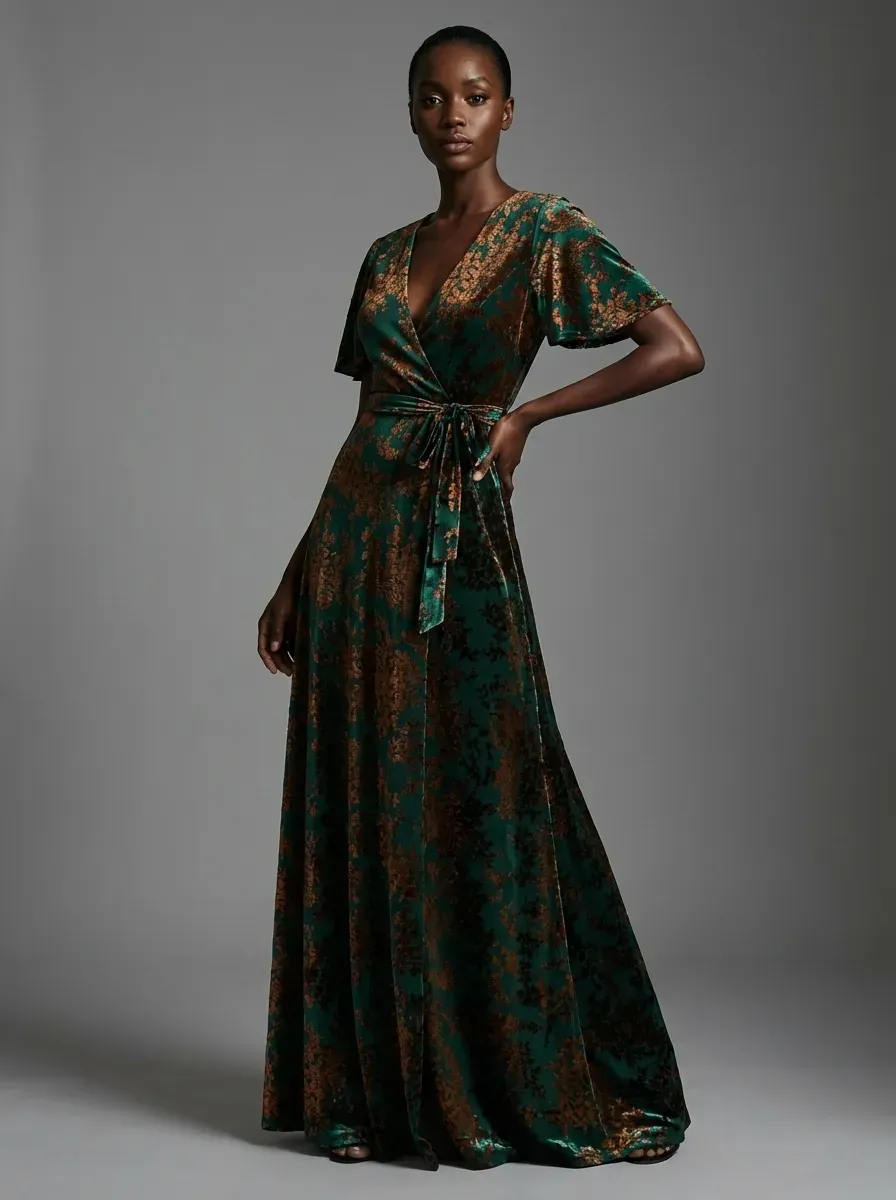 Dark Green Burnout Velvet Dress | Floor Length Formal Evening Gown