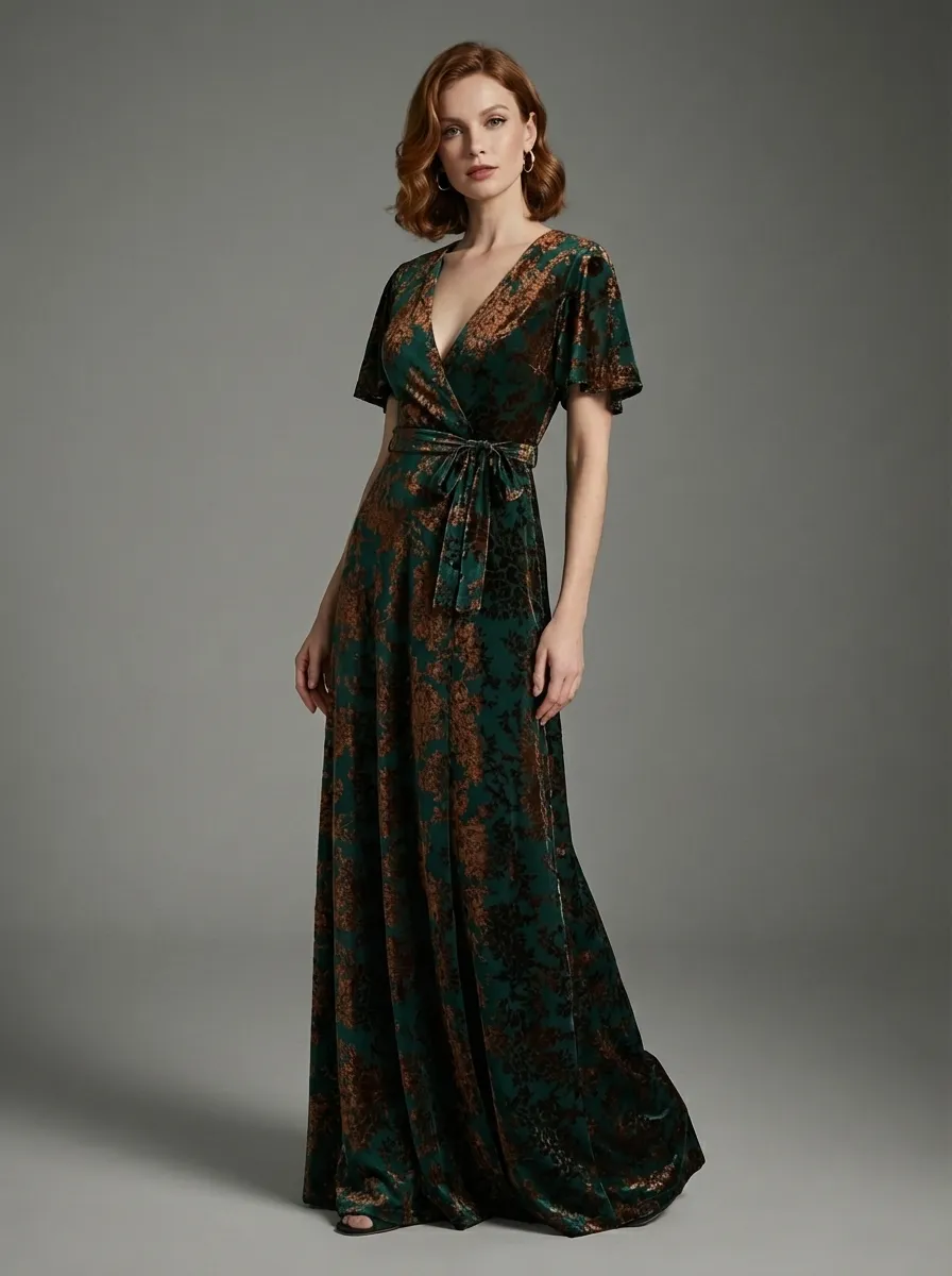Dark Green Burnout Velvet Dress | Floor Length Formal Evening Gown