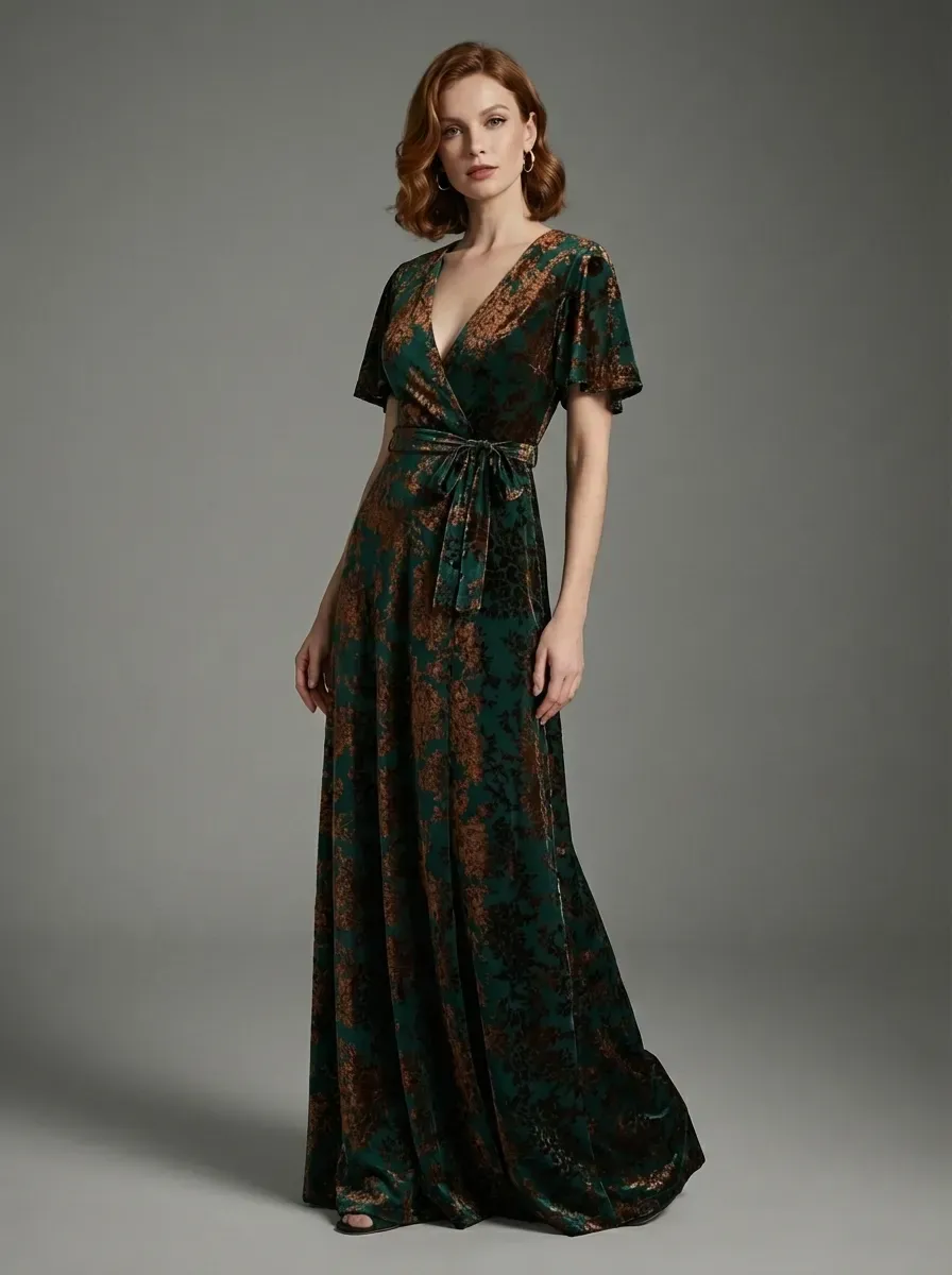 Dark Green Burnout Velvet Dress | Floor Length Formal Evening Gown