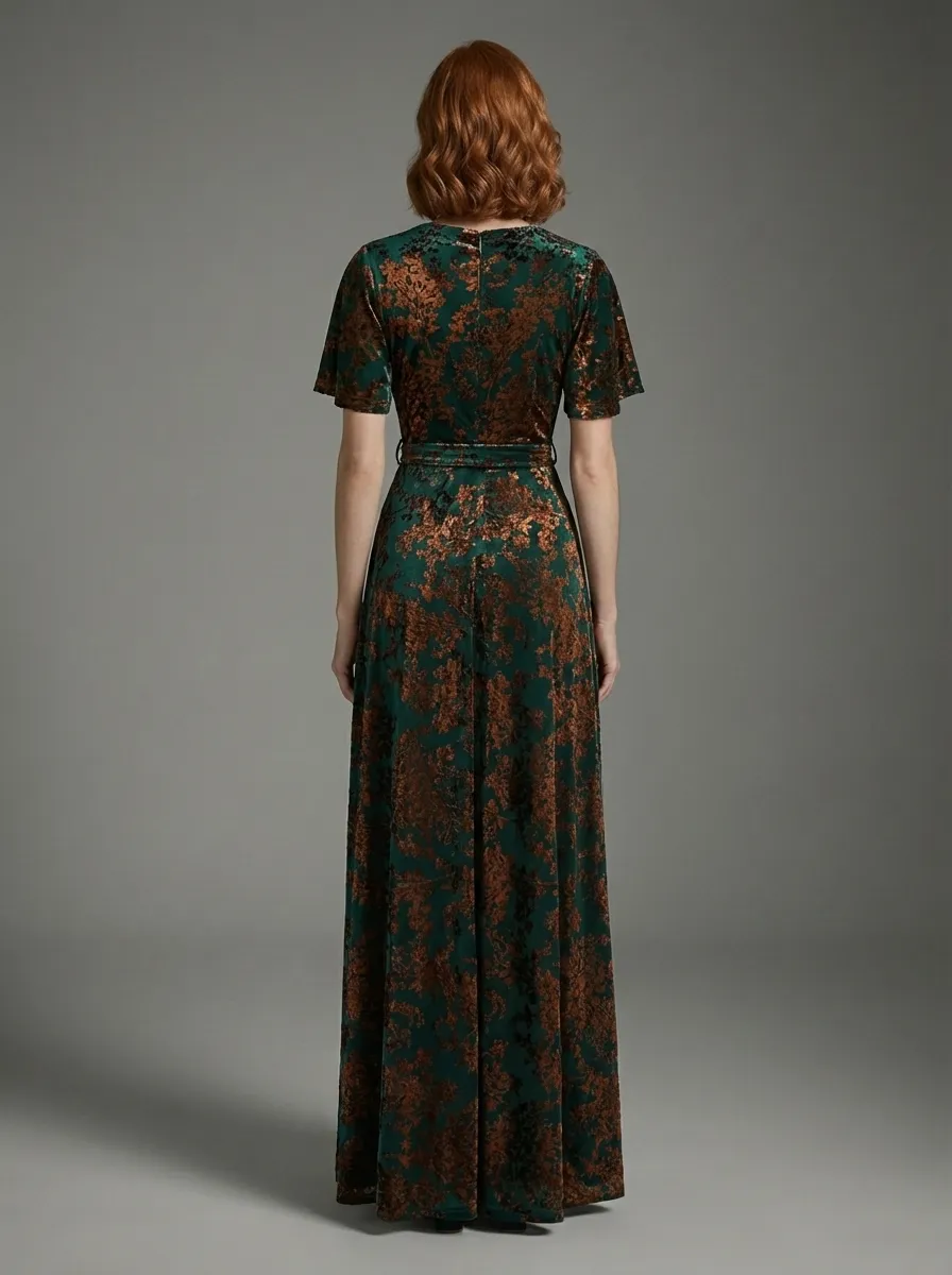 Dark Green Burnout Velvet Dress | Floor Length Formal Evening Gown