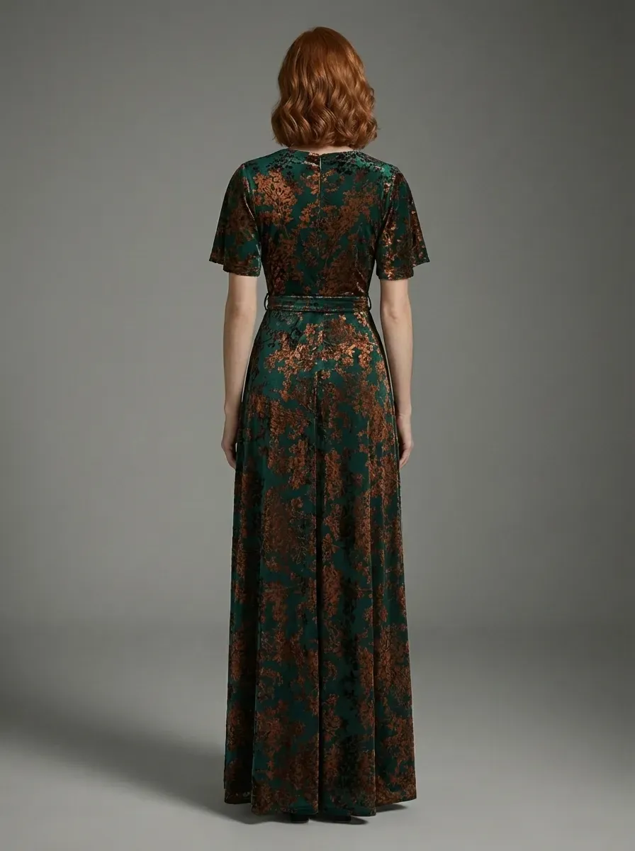 Dark Green Burnout Velvet Dress | Floor Length Formal Evening Gown
