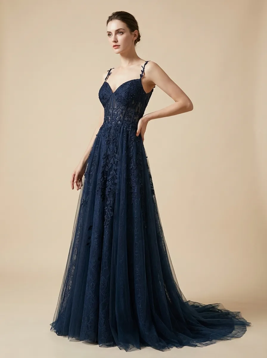 Navy A-Line Prom Dress | Spaghetti Straps Gown with Lace Appliques