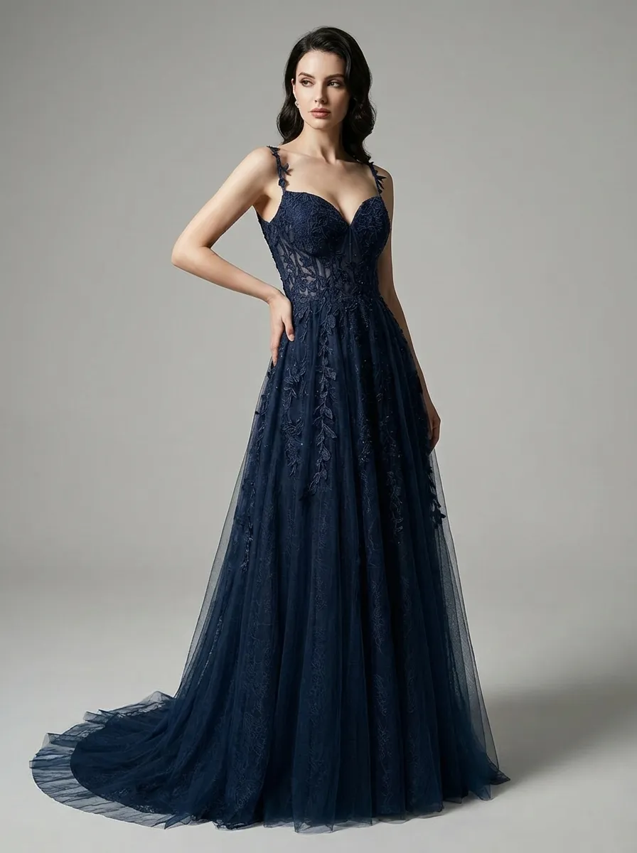 Navy A-Line Prom Dress | Spaghetti Straps Gown with Lace Appliques