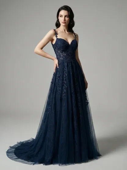 Navy A-Line Prom Dress | Spaghetti Straps Gown with Lace Appliques
