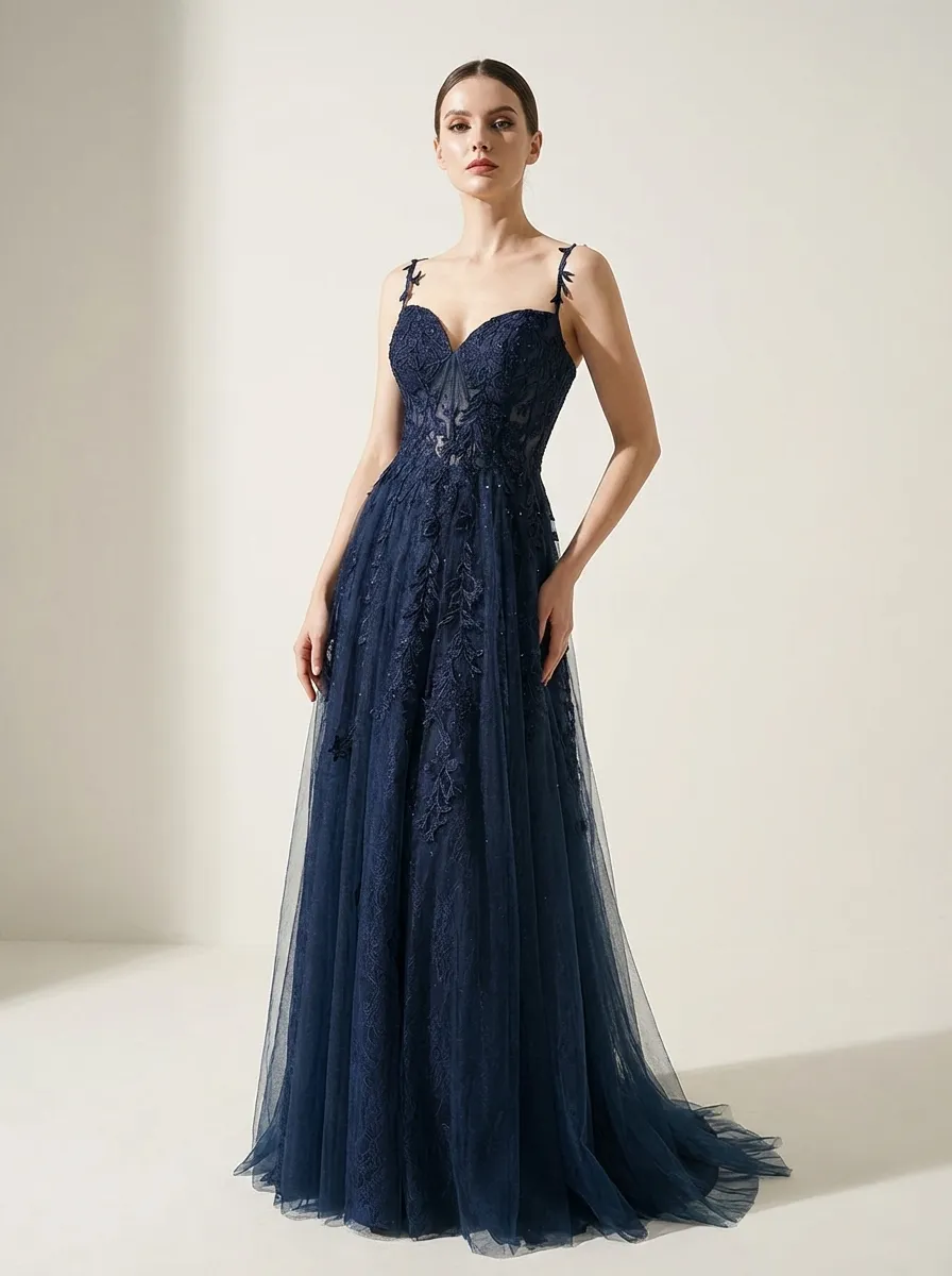 Navy A-Line Prom Dress | Spaghetti Straps Gown with Lace Appliques