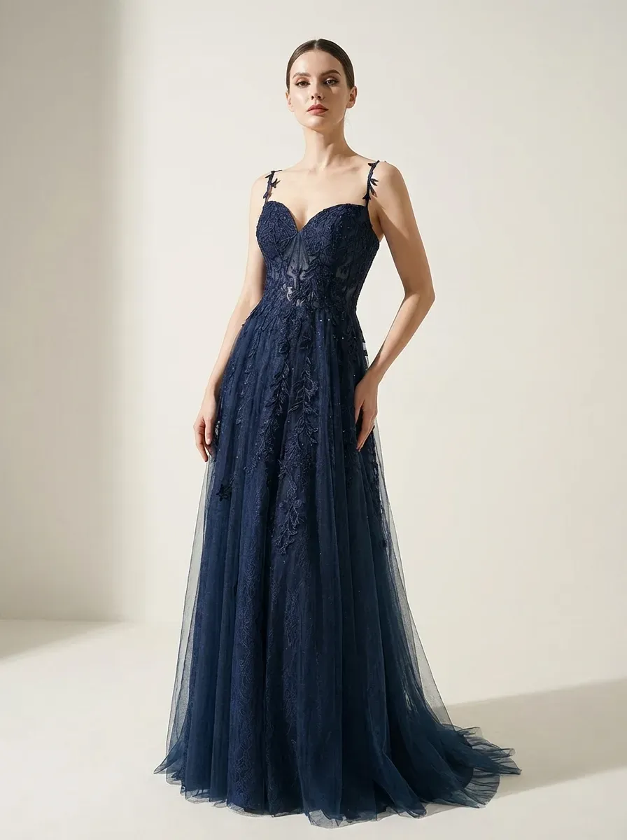 Navy A-Line Prom Dress | Spaghetti Straps Gown with Lace Appliques