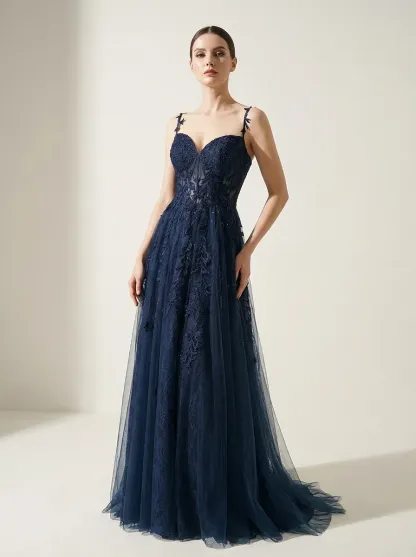 Navy A-Line Prom Dress | Spaghetti Straps Gown with Lace Appliques