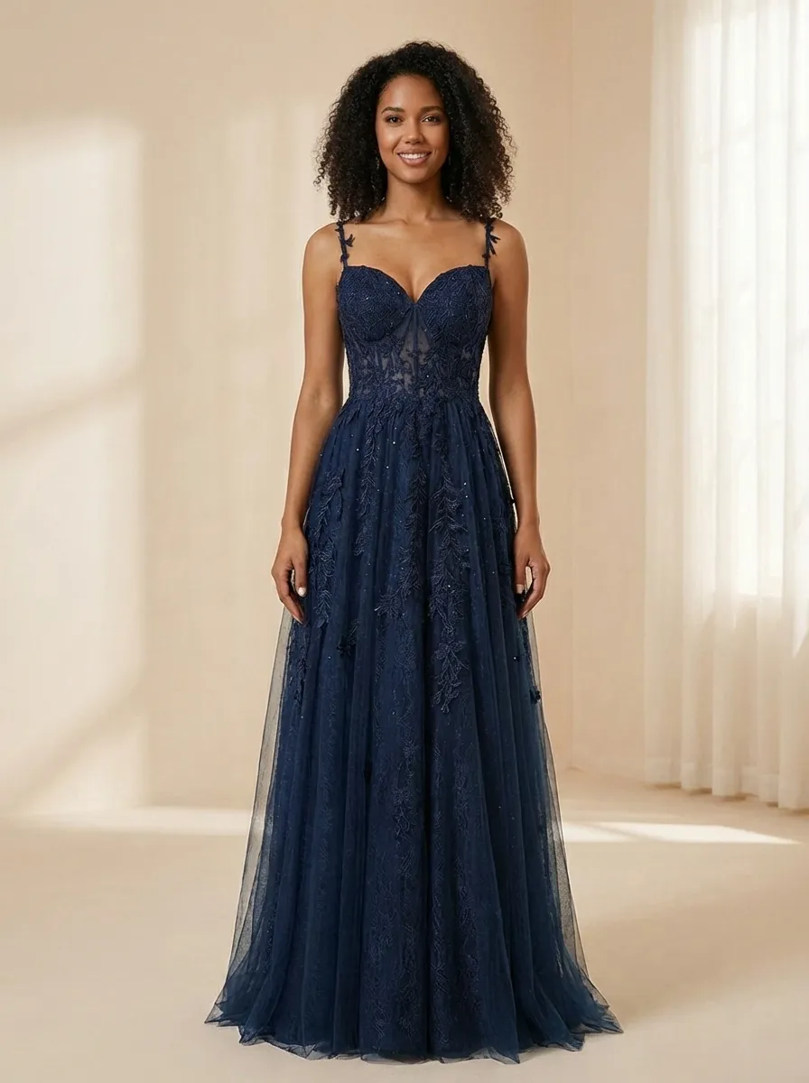 Navy A-Line Prom Dress | Spaghetti Straps Gown with Lace Appliques