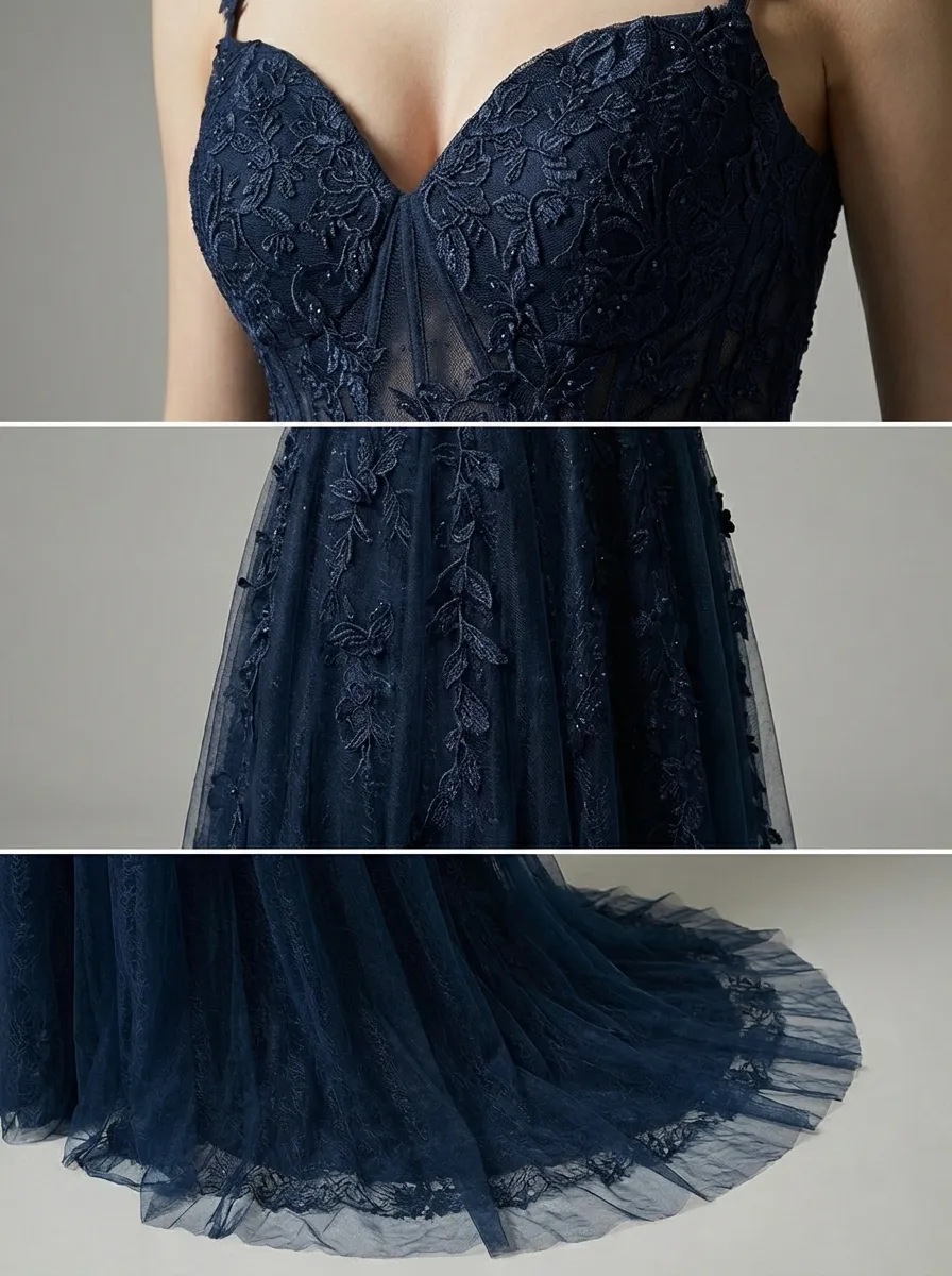 Navy A-Line Prom Dress | Spaghetti Straps Gown with Lace Appliques