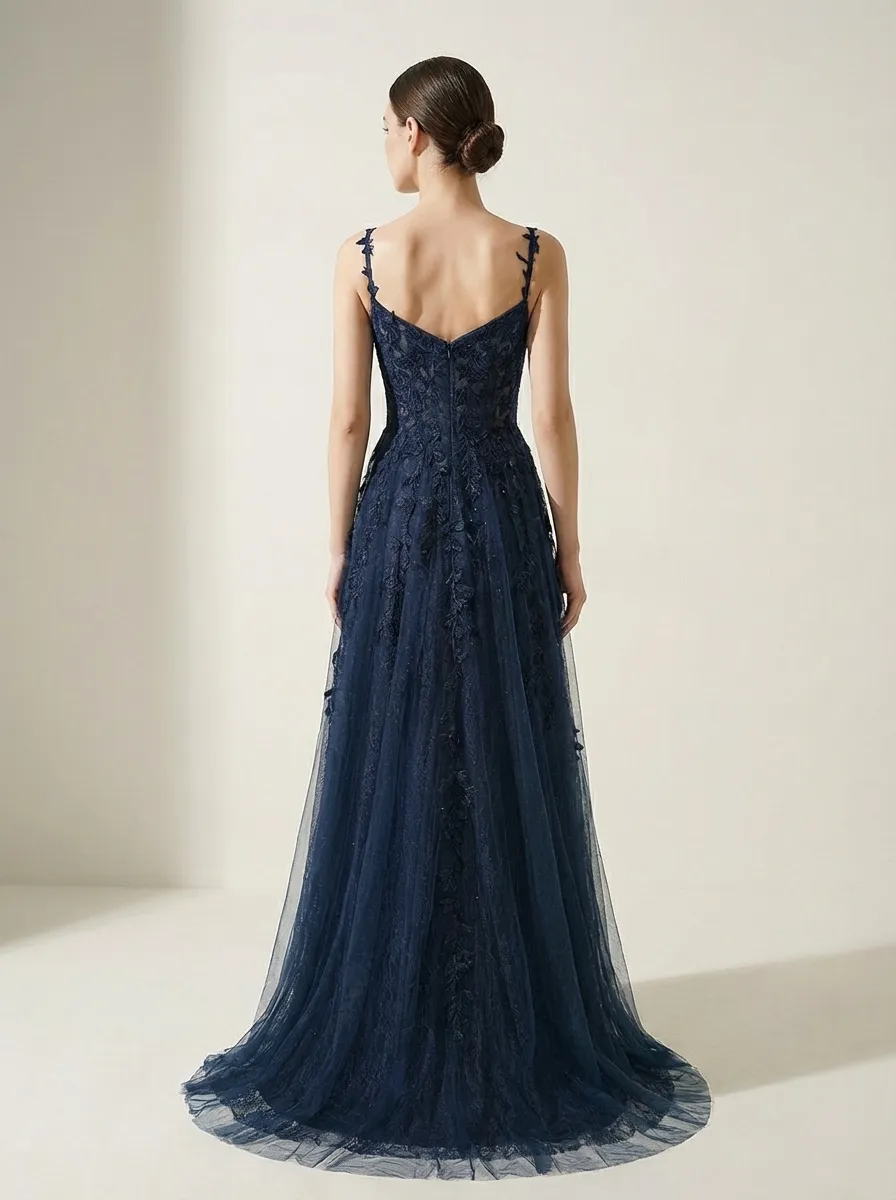 Navy A-Line Prom Dress | Spaghetti Straps Gown with Lace Appliques