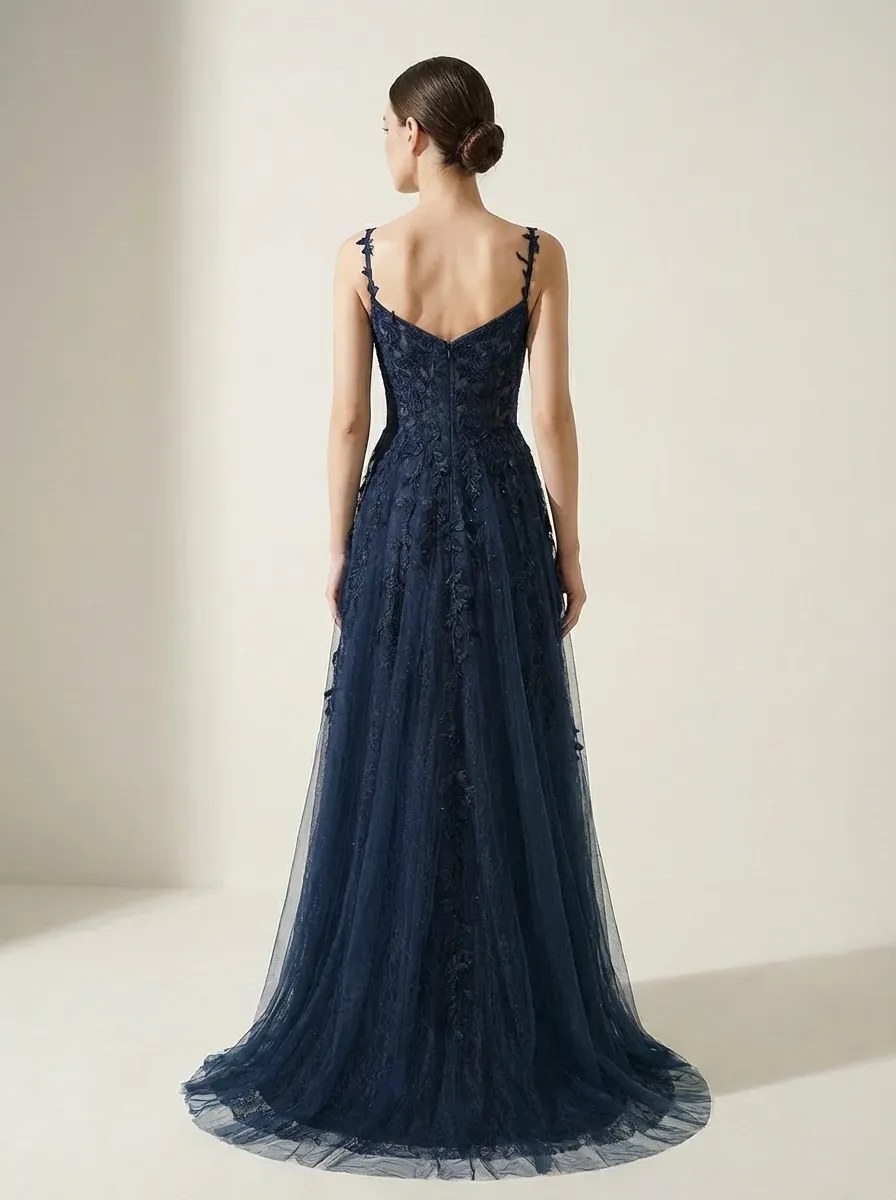 Navy A-Line Prom Dress | Spaghetti Straps Gown with Lace Appliques