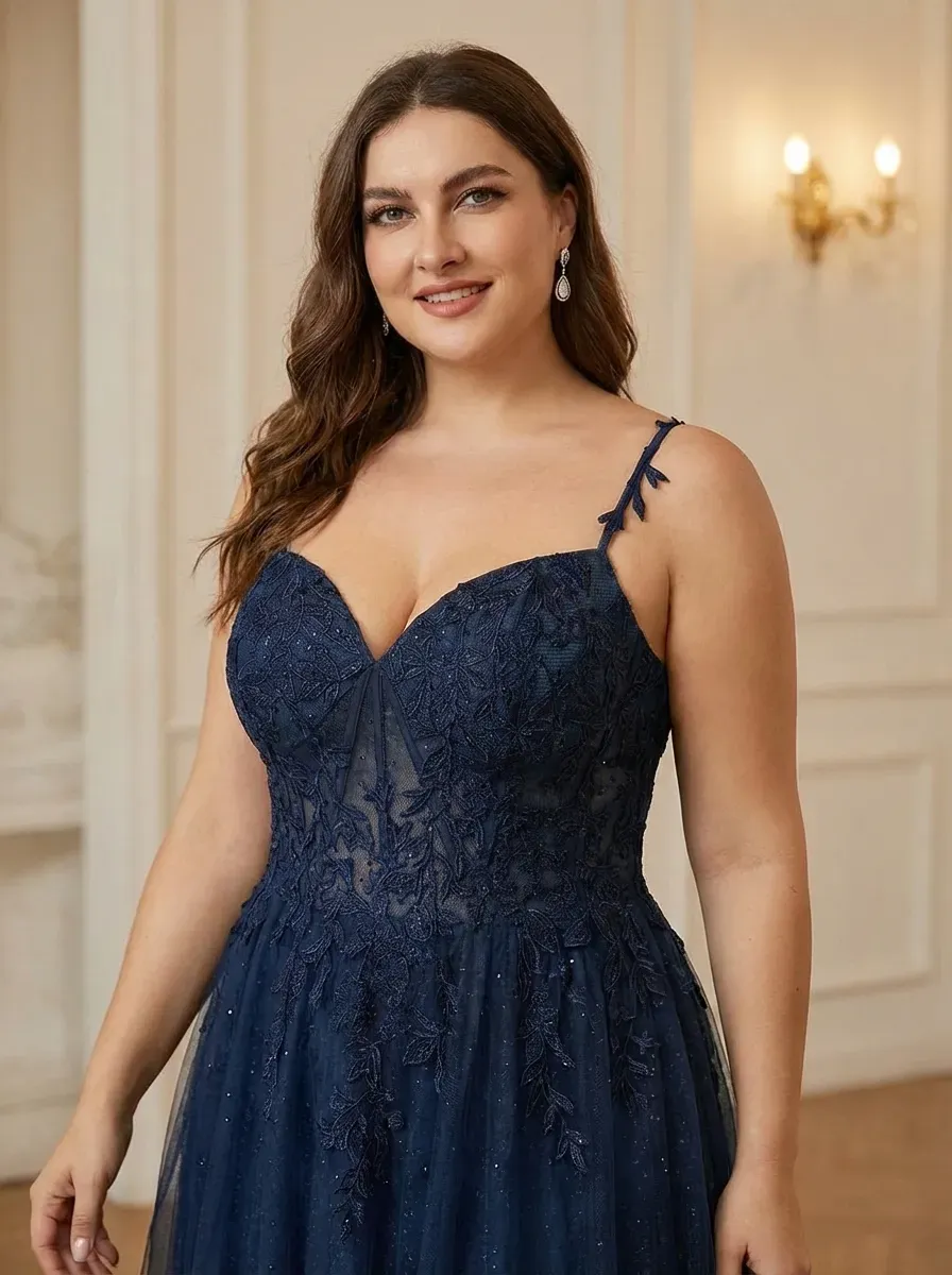 Navy A-Line Prom Dress | Spaghetti Straps Gown with Lace Appliques