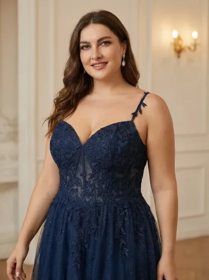 Navy A-Line Prom Dress | Spaghetti Straps Gown with Lace Appliques