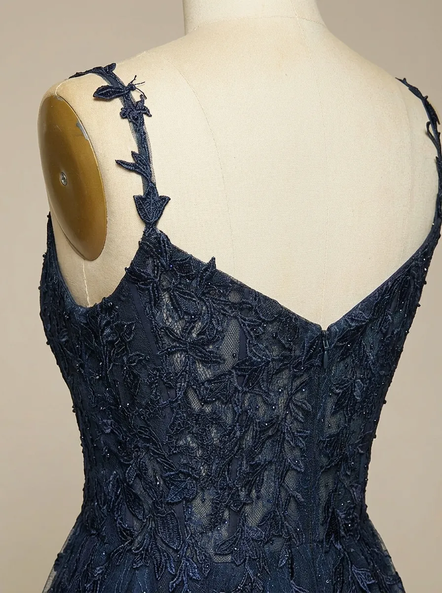 Navy A-Line Prom Dress | Spaghetti Straps Gown with Lace Appliques