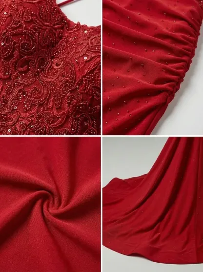 Dark Red Halter Mermaid Prom Dress | High Quality Gown with Appliques