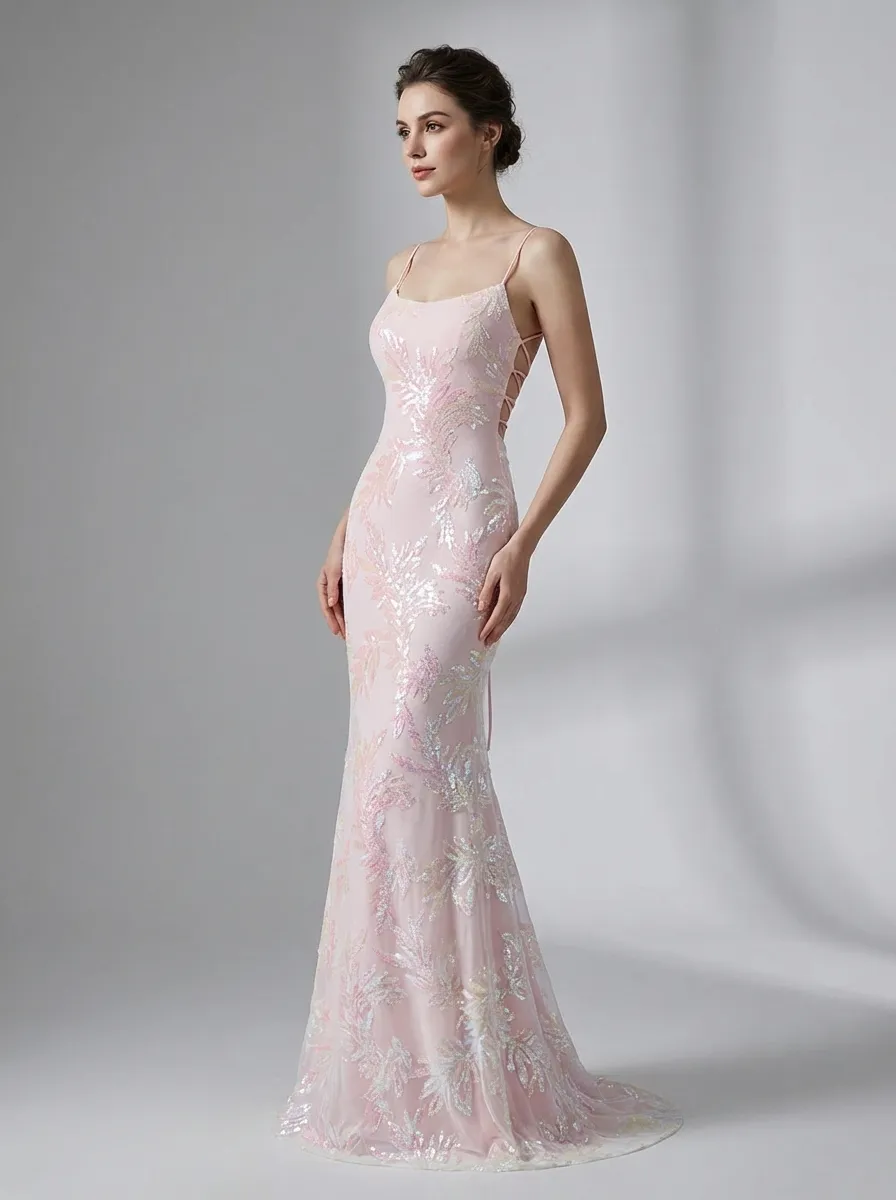 Pink Sequin Mermaid Prom Dress | Sparkly Spaghetti Straps Gown with Slit