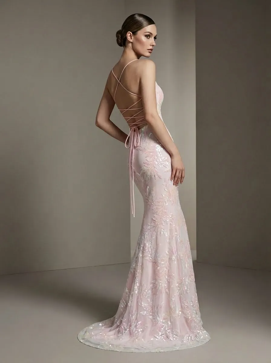 Pink Sequin Mermaid Prom Dress | Sparkly Spaghetti Straps Gown with Slit