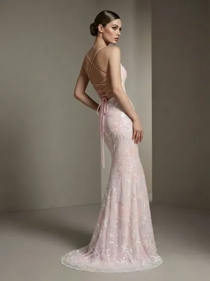 Pink Sequin Mermaid Prom Dress | Sparkly Spaghetti Straps Gown with Slit