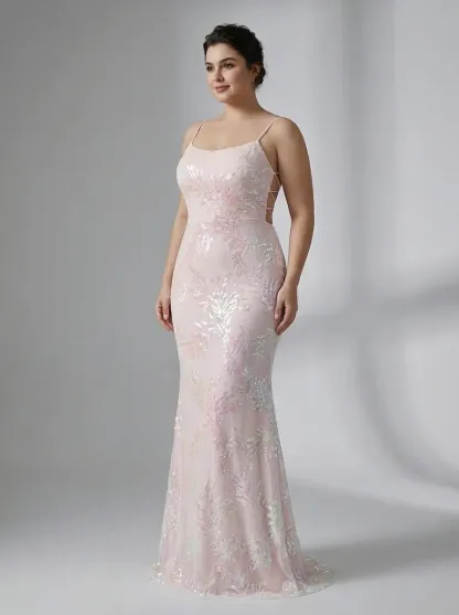 Pink Sequin Mermaid Prom Dress | Sparkly Spaghetti Straps Gown with Slit