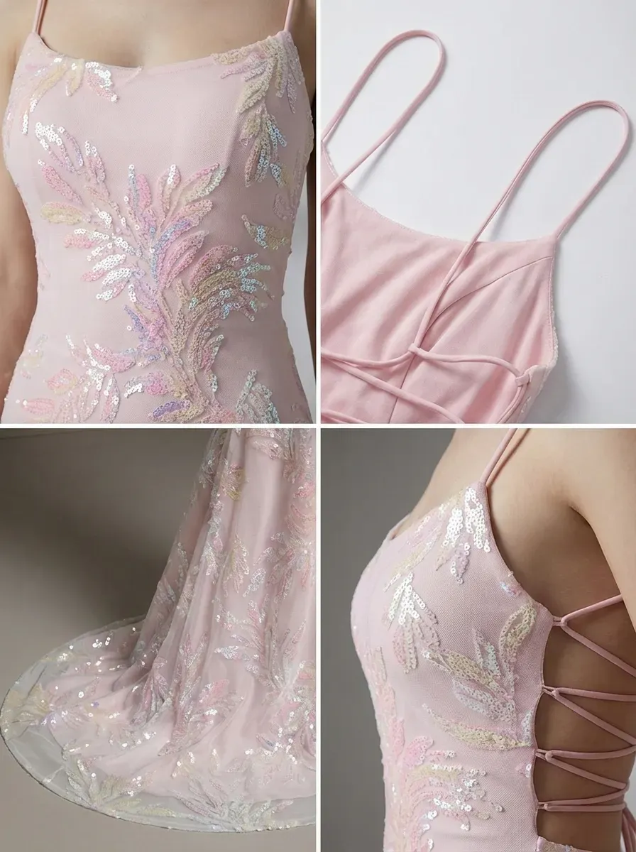 Pink Sequin Mermaid Prom Dress | Sparkly Spaghetti Straps Gown with Slit