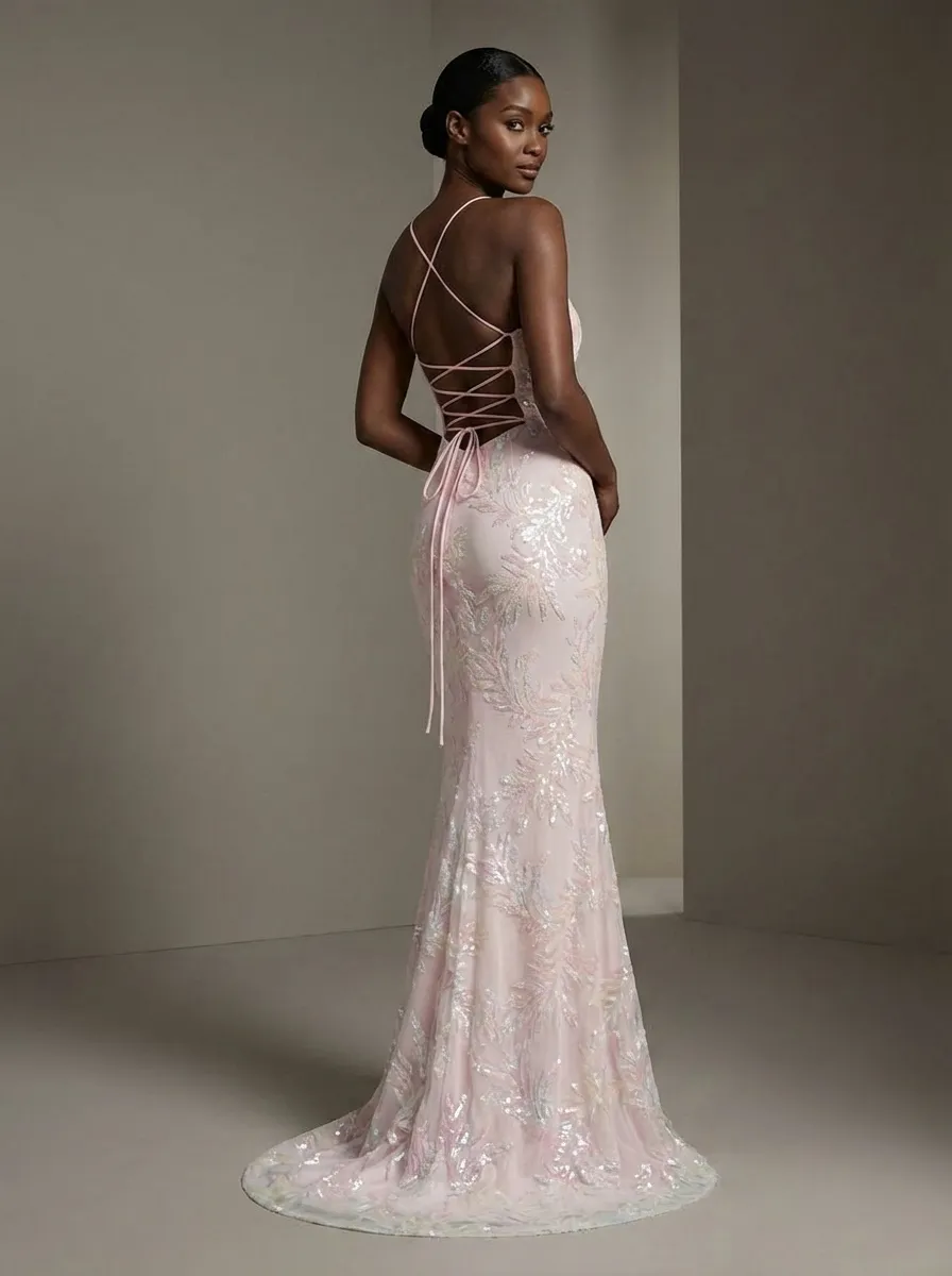 Pink Sequin Mermaid Prom Dress | Sparkly Spaghetti Straps Gown with Slit