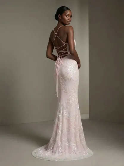 Pink Sequin Mermaid Prom Dress | Sparkly Spaghetti Straps Gown with Slit
