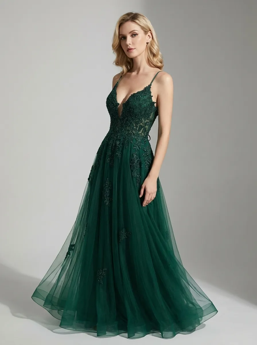 Dark Green A-Line Prom Dress | Spaghetti Straps Gown with Criss Cross Back