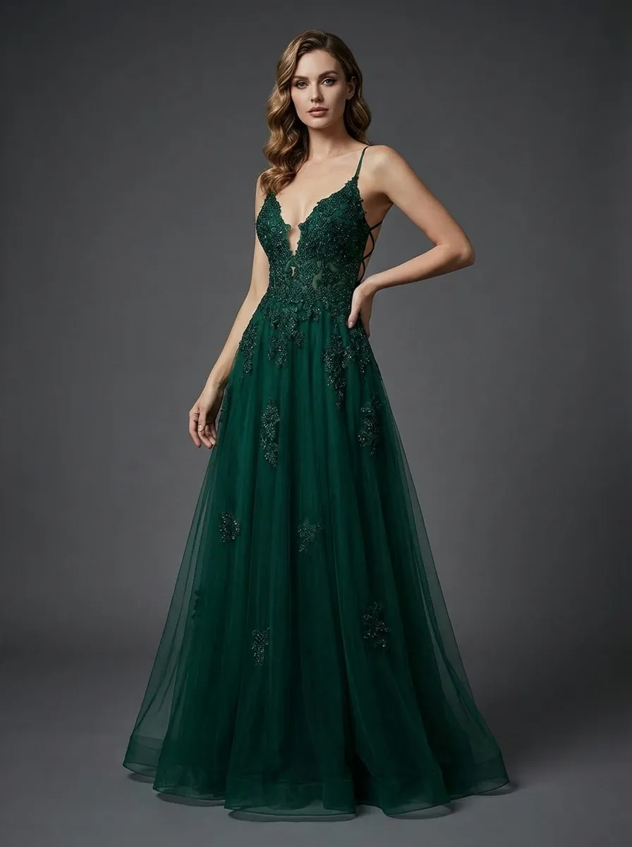 Dark Green A-Line Prom Dress | Spaghetti Straps Gown with Criss Cross Back
