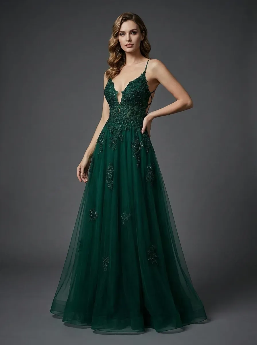 Dark Green A-Line Prom Dress | Spaghetti Straps Gown with Criss Cross Back