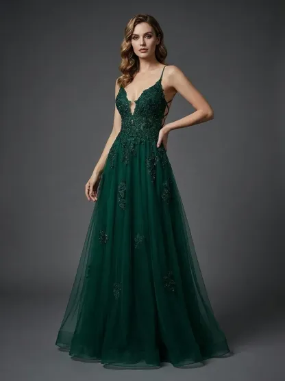 Dark Green A-Line Prom Dress | Spaghetti Straps Gown with Criss Cross Back