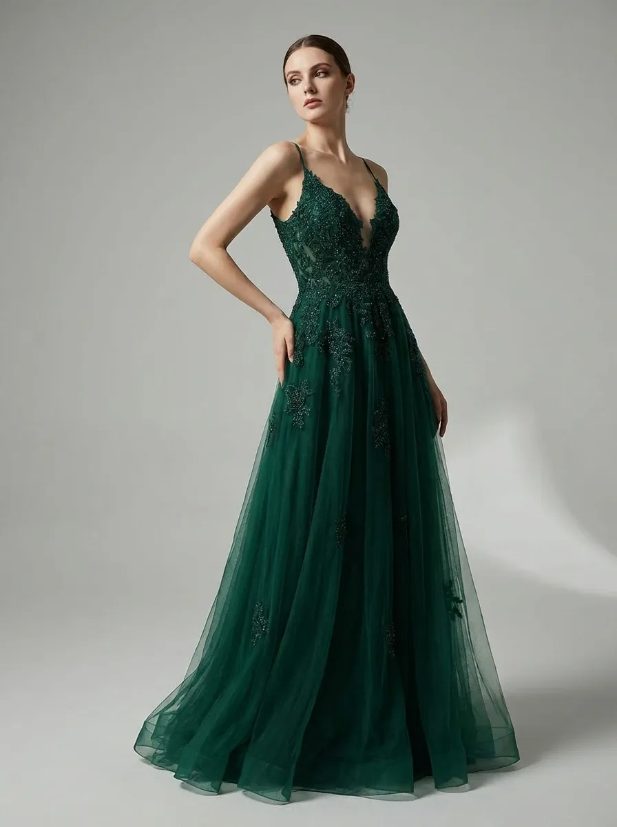 Dark Green A-Line Prom Dress | Spaghetti Straps Gown with Criss Cross Back