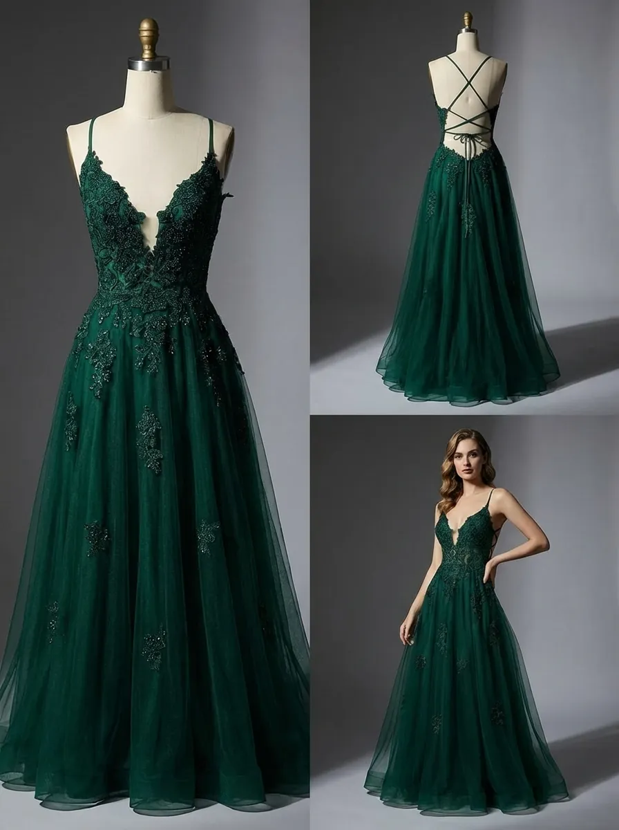 Dark Green A-Line Prom Dress | Spaghetti Straps Gown with Criss Cross Back