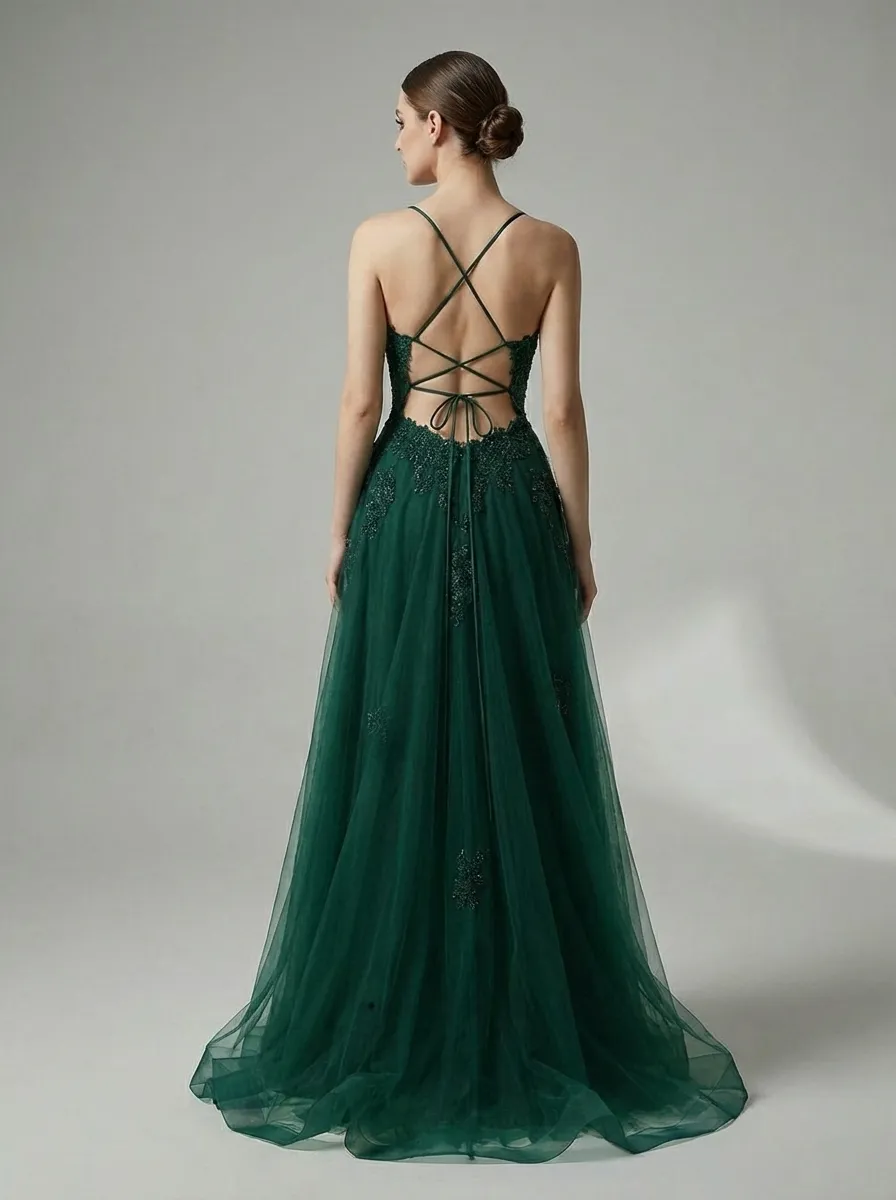 Dark Green A-Line Prom Dress | Spaghetti Straps Gown with Criss Cross Back