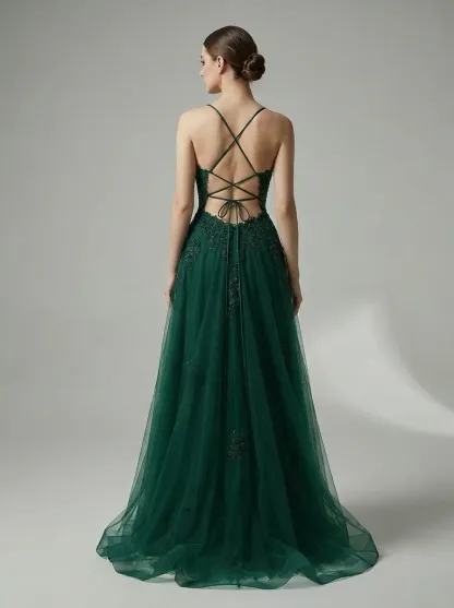 Dark Green A-Line Prom Dress | Spaghetti Straps Gown with Criss Cross Back