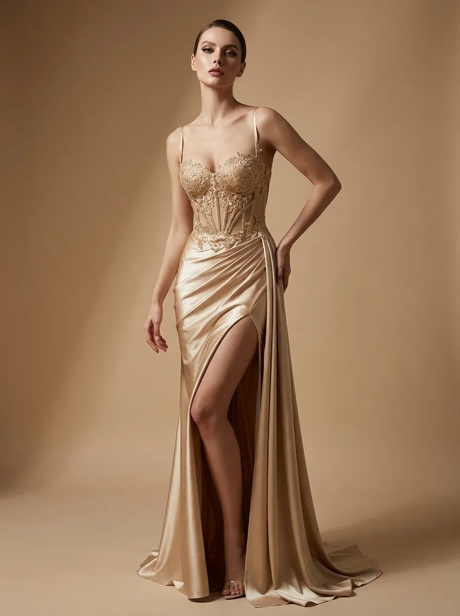 Dusty Blue Satin Mermaid Prom Dress | Side Streamer Pleated Corset Gown