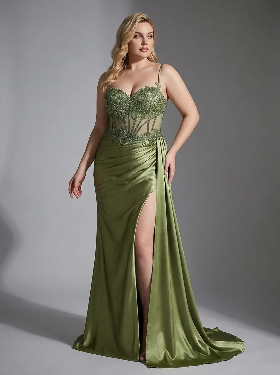 Dusty Blue Satin Mermaid Prom Dress | Side Streamer Pleated Corset Gown