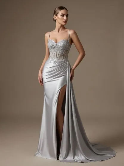 Dusty Blue Satin Mermaid Prom Dress | Side Streamer Pleated Corset Gown