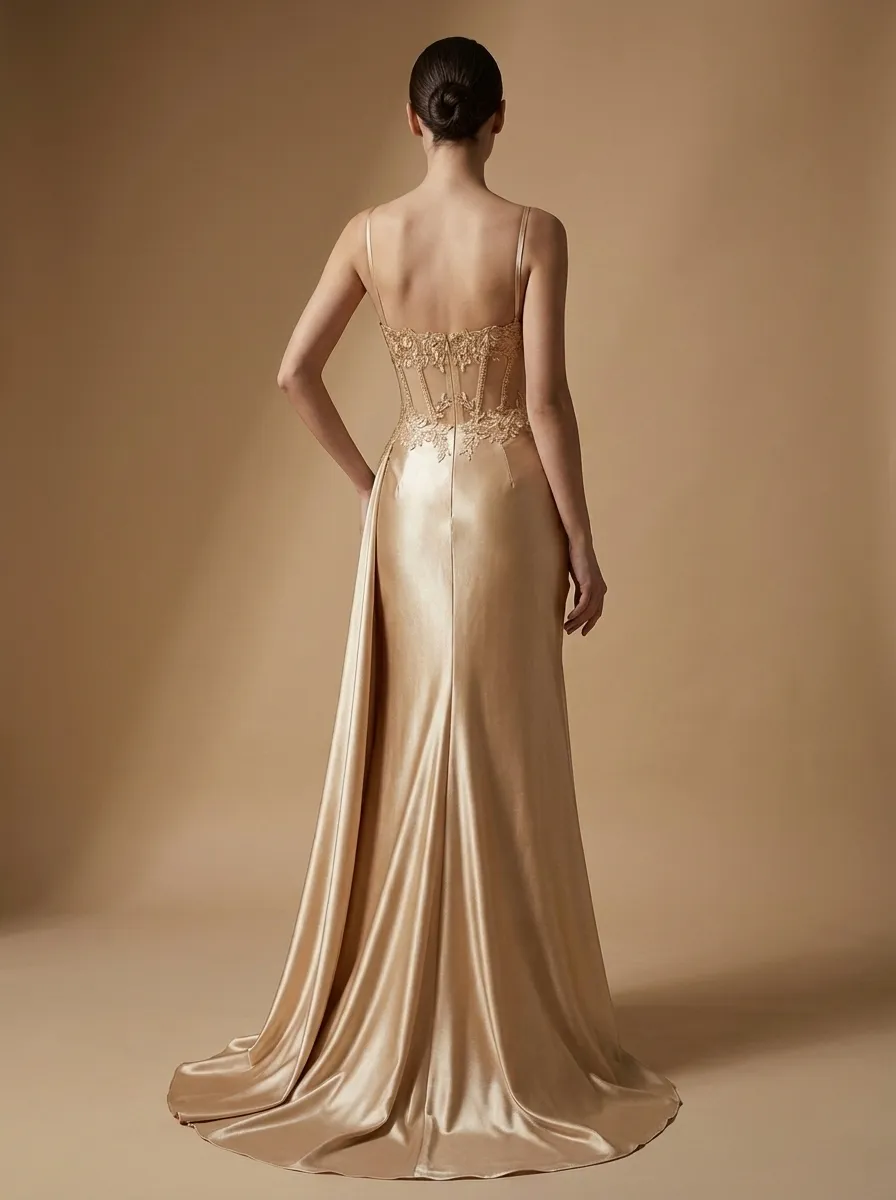 Dusty Blue Satin Mermaid Prom Dress | Side Streamer Pleated Corset Gown