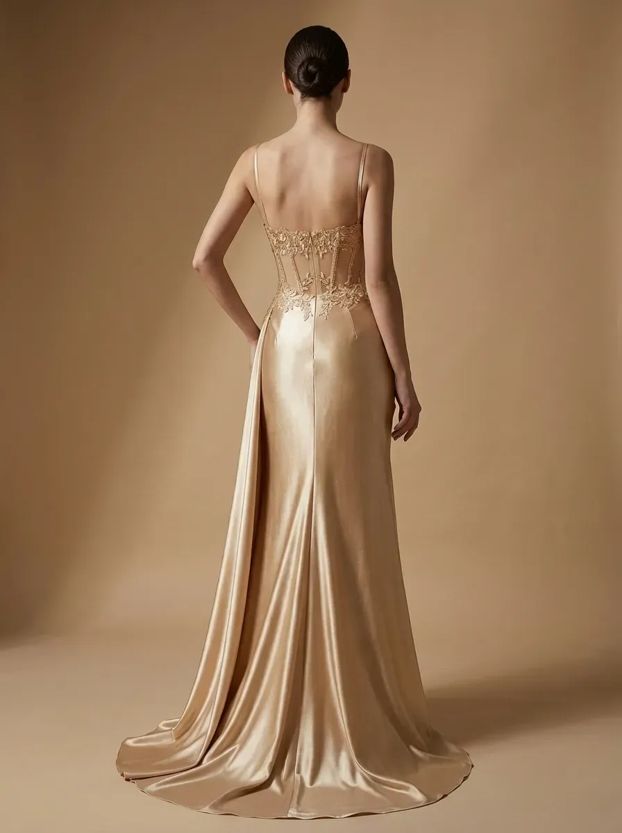 Dusty Blue Satin Mermaid Prom Dress | Side Streamer Pleated Corset Gown
