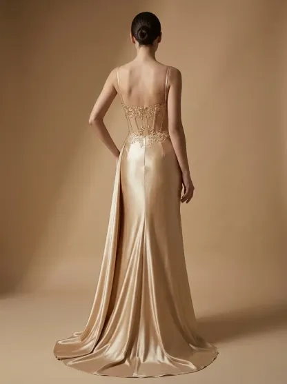 Dusty Blue Satin Mermaid Prom Dress | Side Streamer Pleated Corset Gown