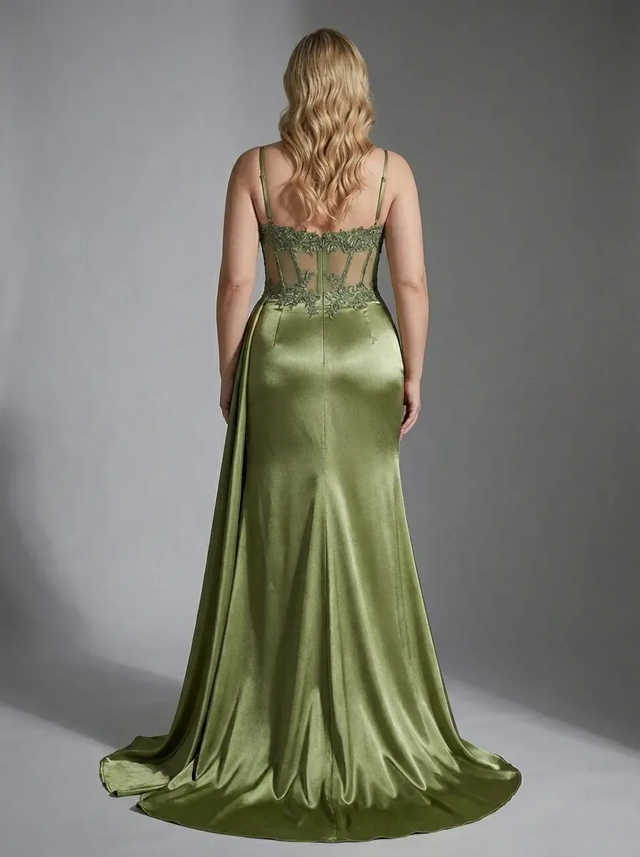 Dusty Blue Satin Mermaid Prom Dress | Side Streamer Pleated Corset Gown