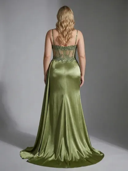 Dusty Blue Satin Mermaid Prom Dress | Side Streamer Pleated Corset Gown