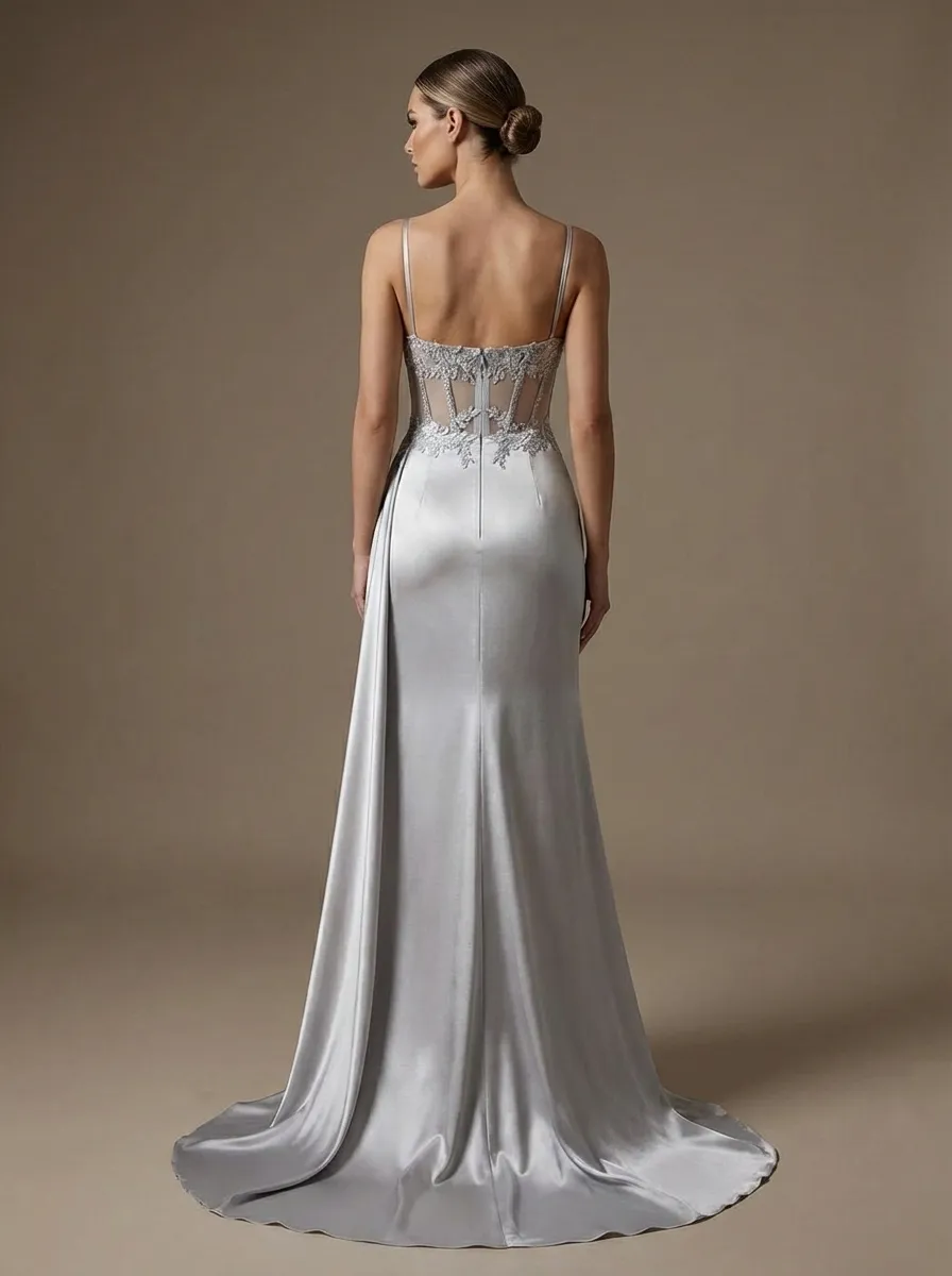 Dusty Blue Satin Mermaid Prom Dress | Side Streamer Pleated Corset Gown