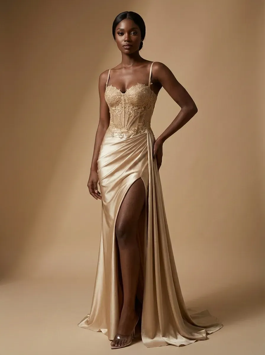 Dusty Blue Satin Mermaid Prom Dress | Side Streamer Pleated Corset Gown
