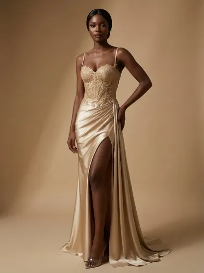 Dusty Blue Satin Mermaid Prom Dress | Side Streamer Pleated Corset Gown