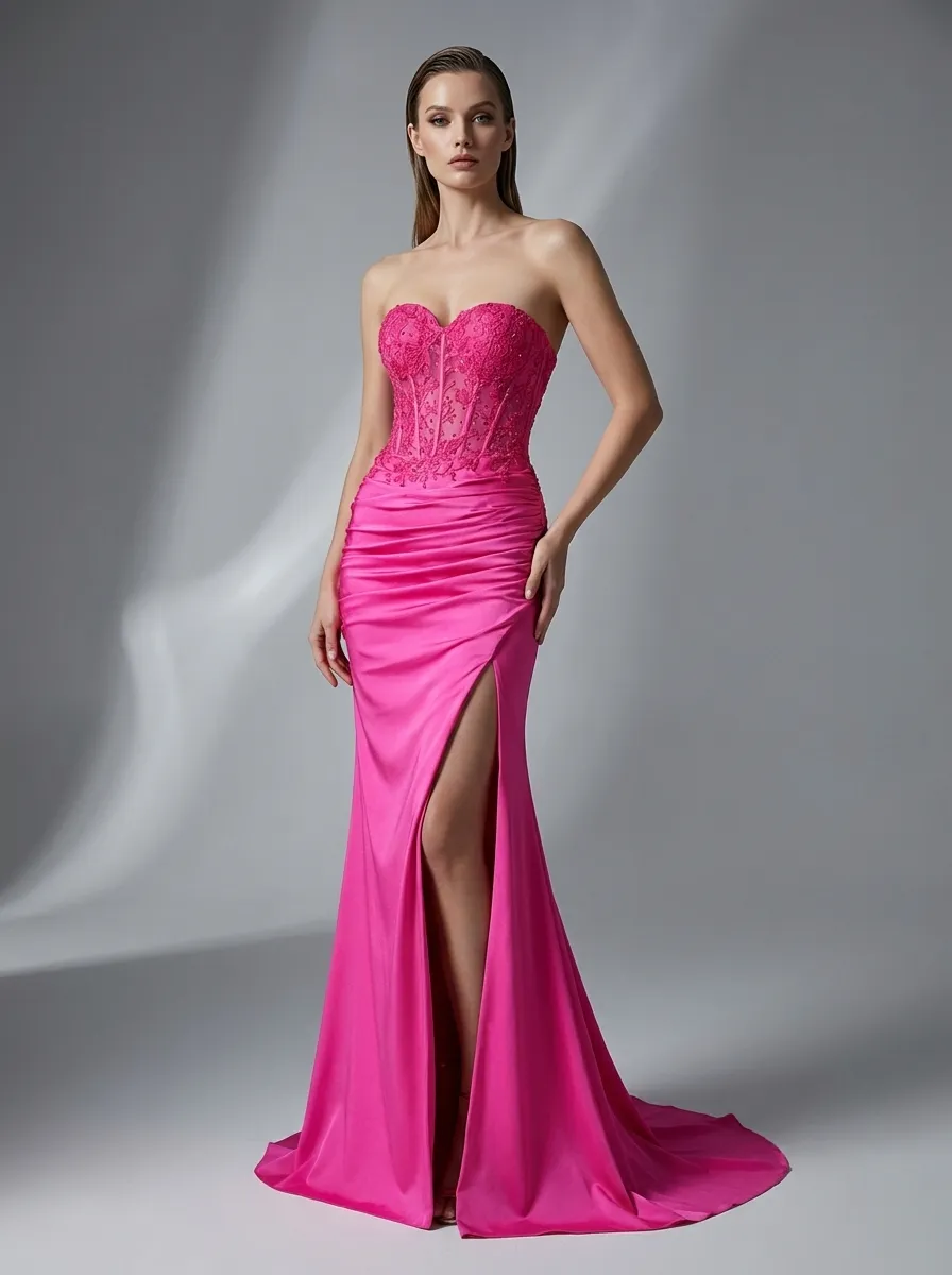 Fuchsia Mermaid Prom Dress | Strapless Ruched Corset Gown with Slit