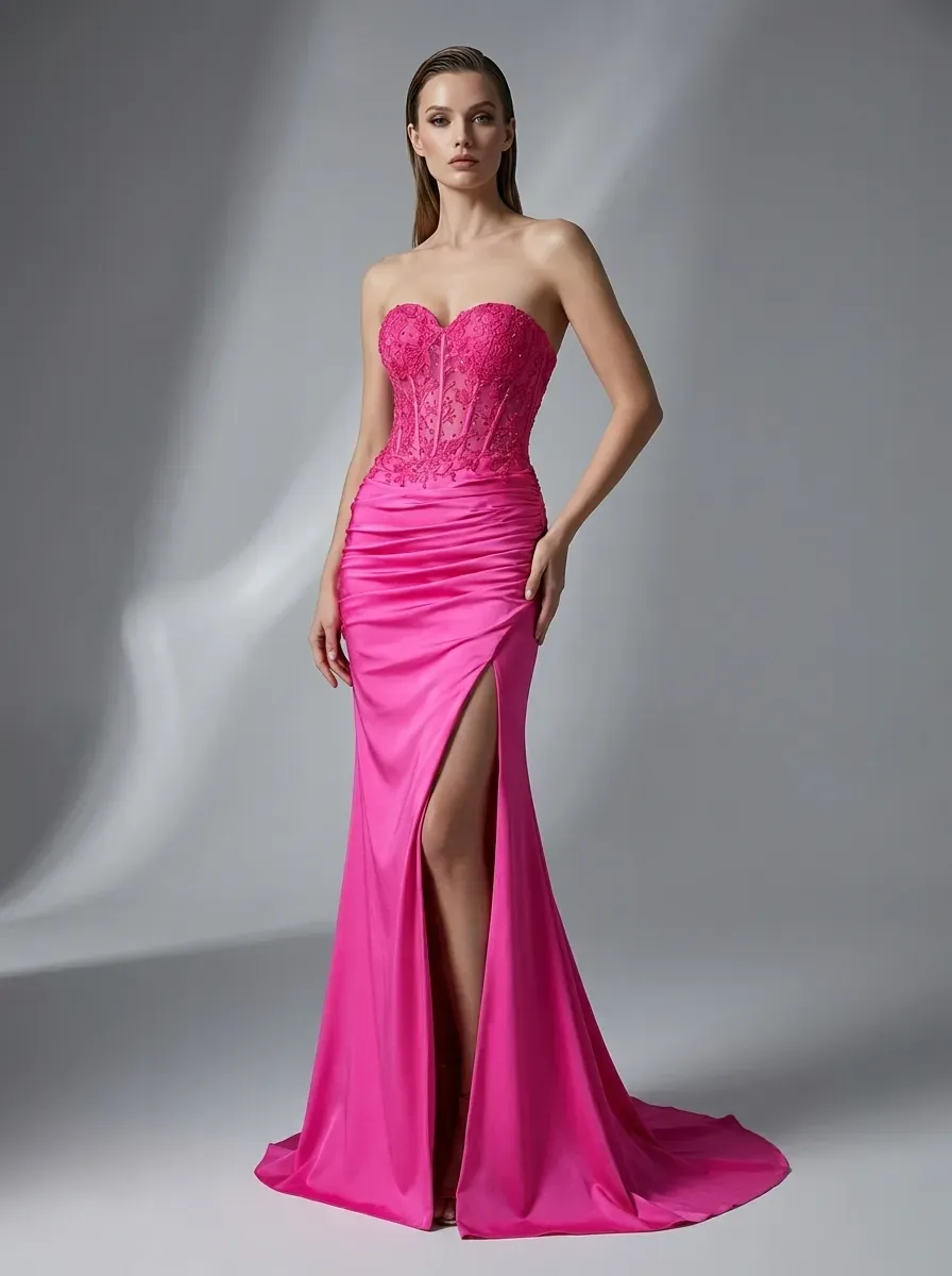 Fuchsia Mermaid Prom Dress | Strapless Ruched Corset Gown with Slit